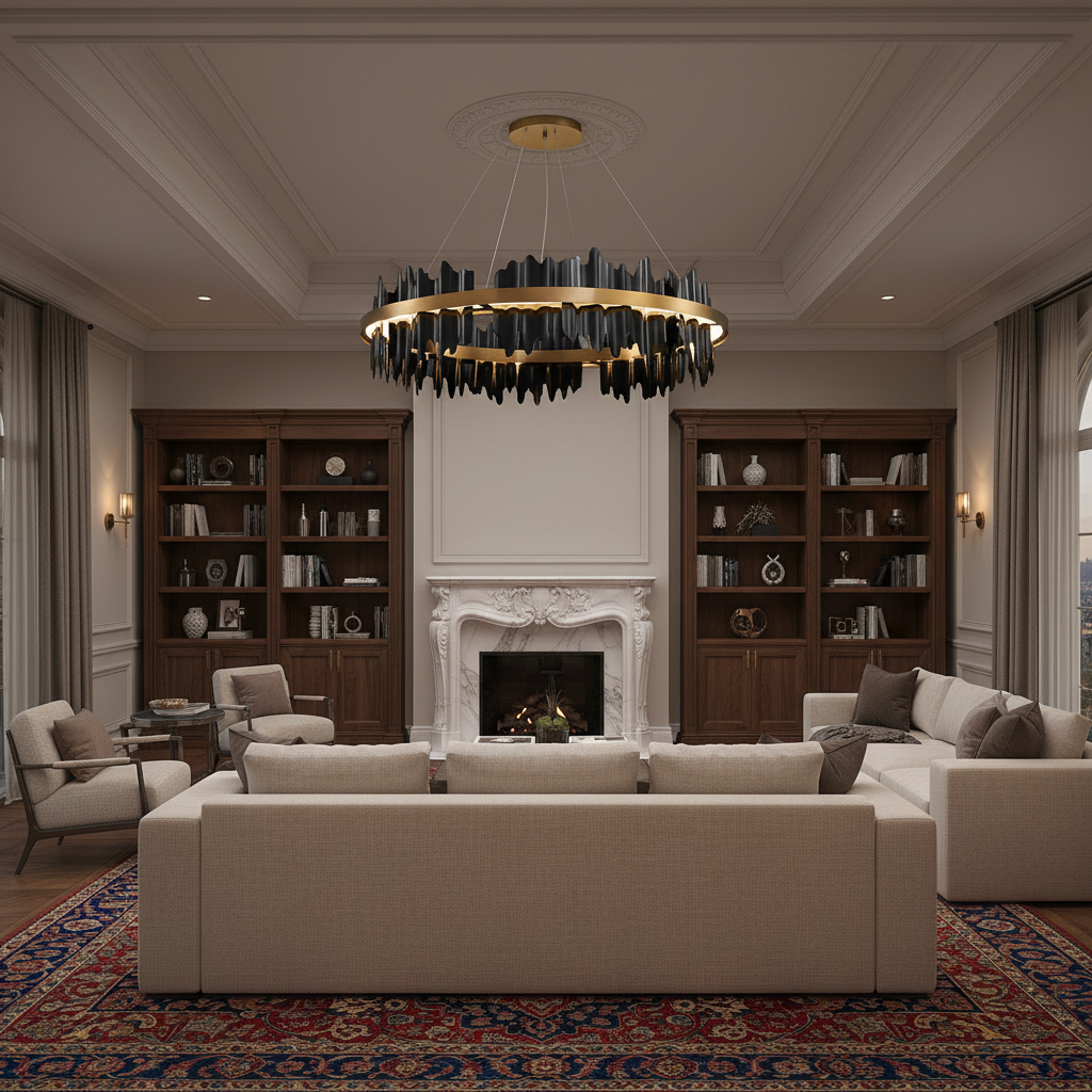 Riviko Radiant Halo Round Chandelier - luxurious American living room with tray ceiling