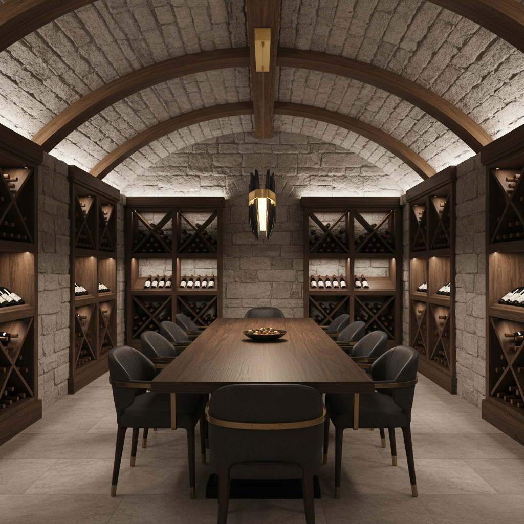 Riviko Sleek Horizon Linear Chandelier - elegant American wine cellar dining room