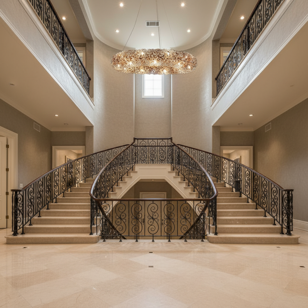 Riviko Radiant Halo Crystal Ring Chandelier - dramatic American stairwell with soaring ceiling