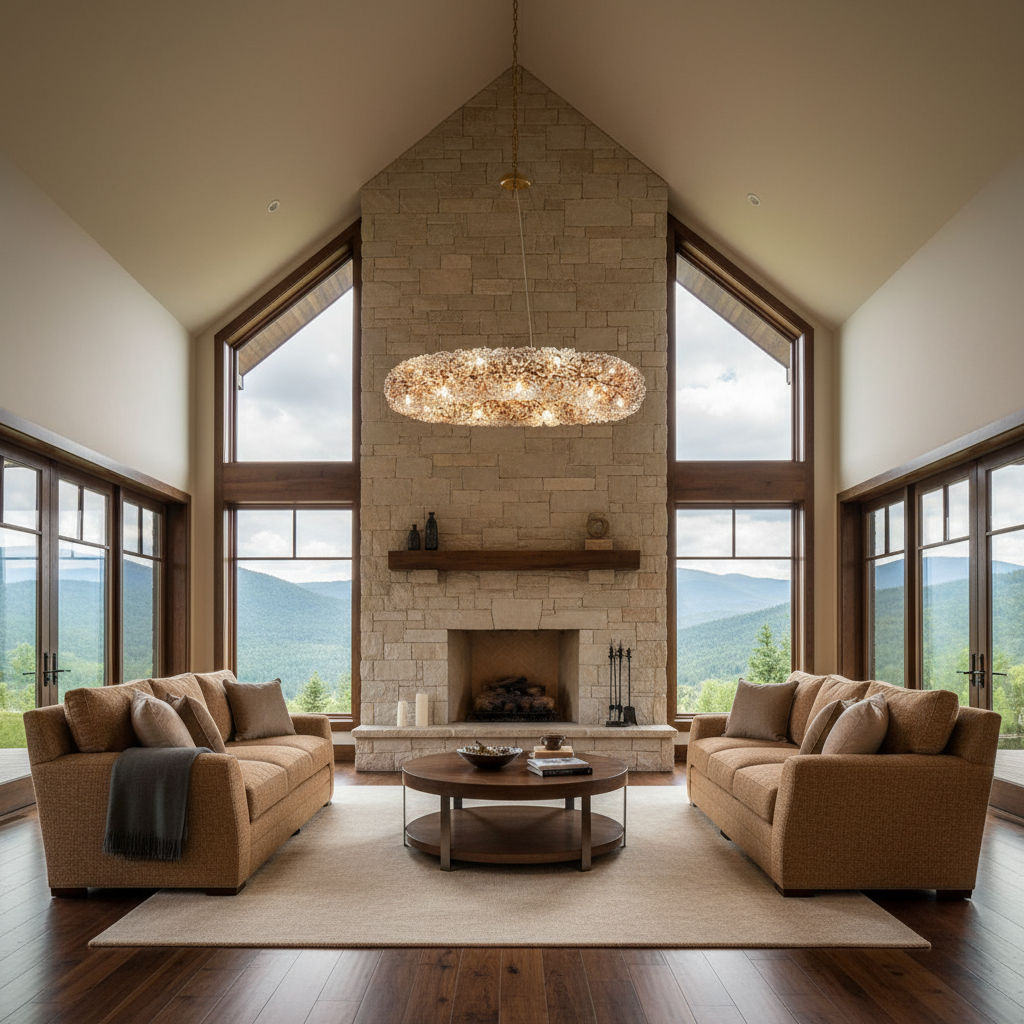 Riviko Radiant Halo Crystal Ring Chandelier - American transitional great room with cathedral ceiling
