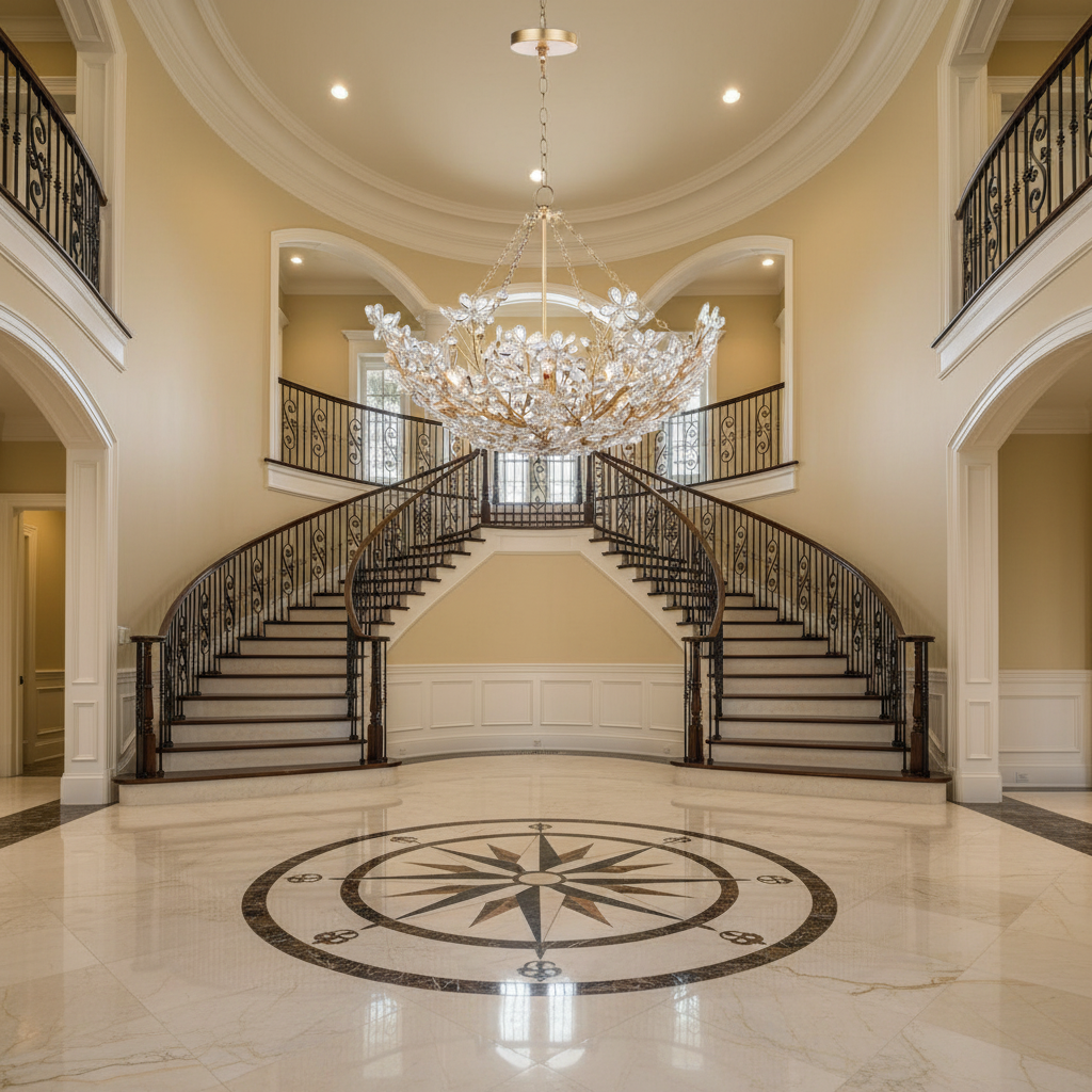 Riviko Radiant Aura 6-Light Round Chandelier - grand American foyer with two-story ceiling