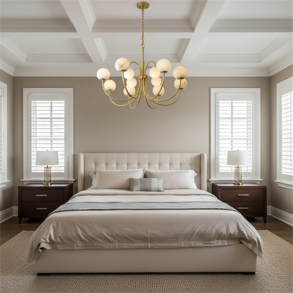 Riviko Celestial Bloom Alabaster Radial Chandelier - American master bedroom with coffered ceiling