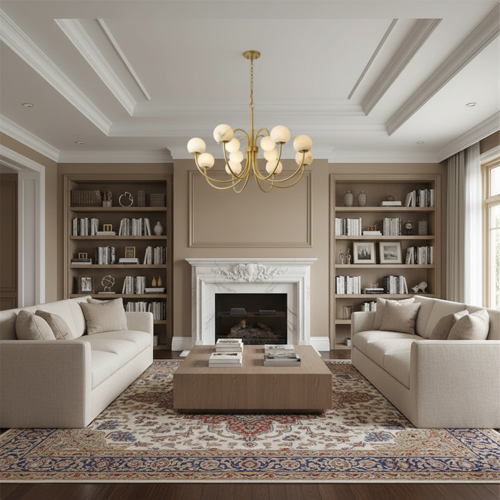 Riviko Celestial Bloom Alabaster Radial Chandelier - luxurious American living room with tray ceiling