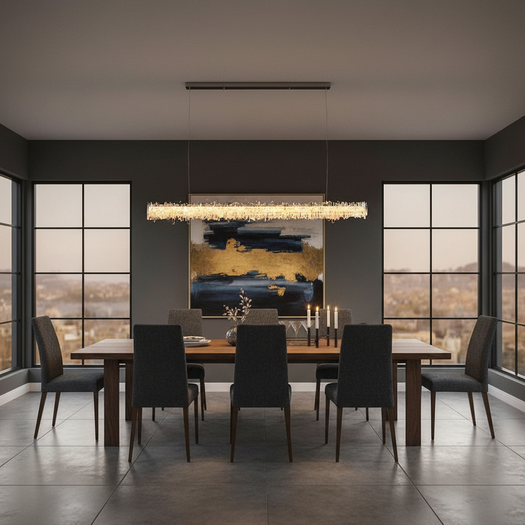 Riviko Radiant Quartz Linear Chandelier - American great room dining area