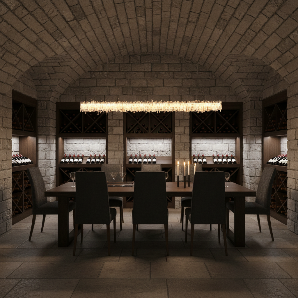 Riviko Radiant Quartz Linear Chandelier - elegant American wine cellar dining room