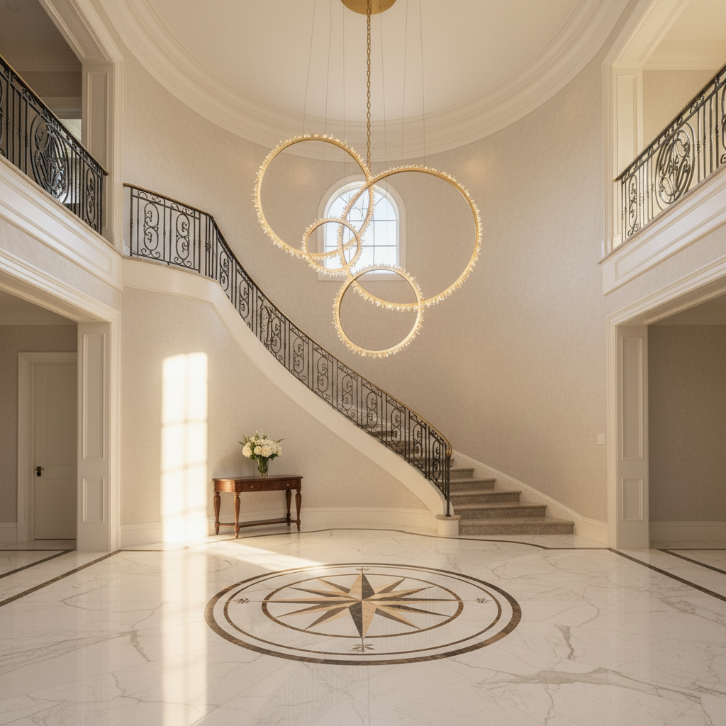 Riviko Radiant Halo Rock Crystal Ring Chandelier - grand American foyer with two-story ceiling
