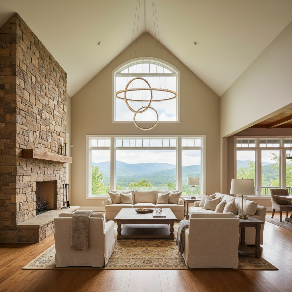 Riviko Radiant Halo Rock Crystal Ring Chandelier - American transitional great room with cathedral ceiling