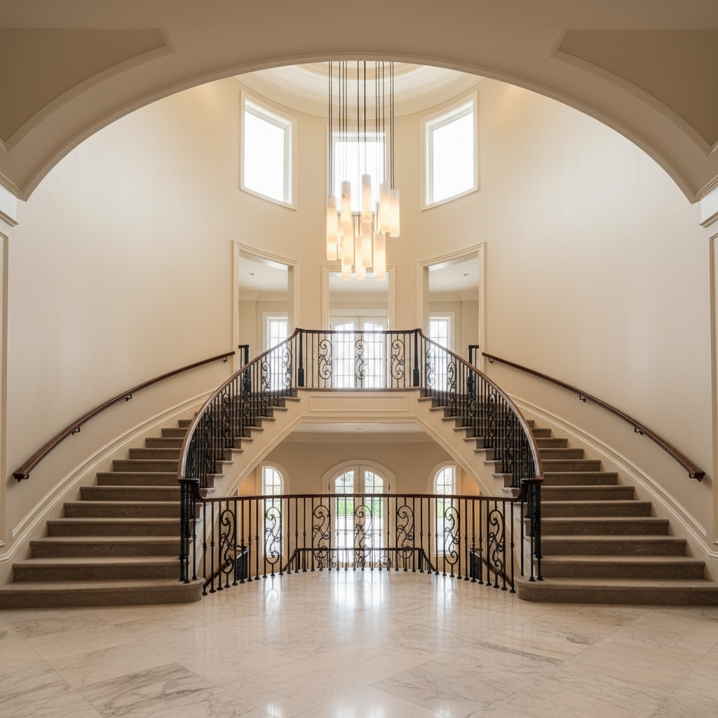 Riviko Veridian Alabaster Cylindrical Chandelier - dramatic American stairwell with soaring ceiling