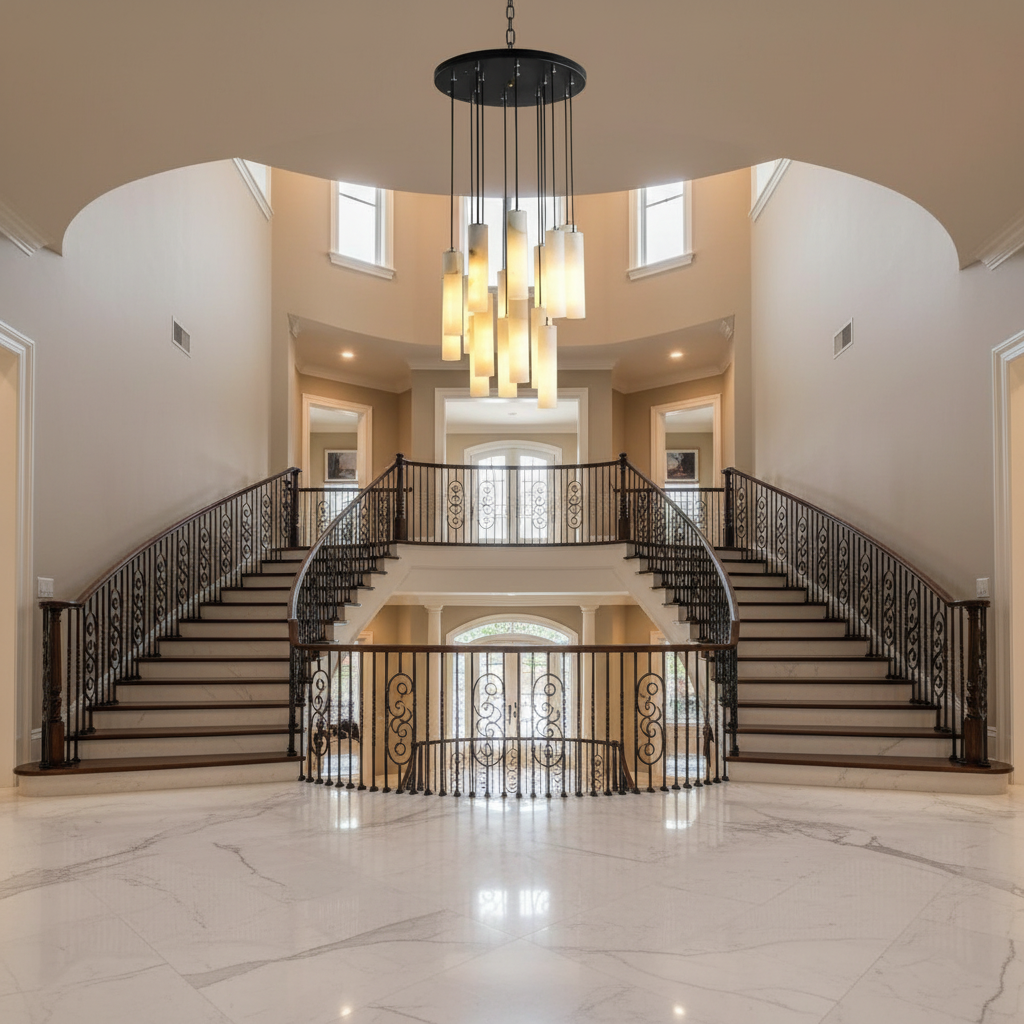 Riviko Veridian Alabaster Cylindrical Chandelier - dramatic American stairwell with soaring ceiling
