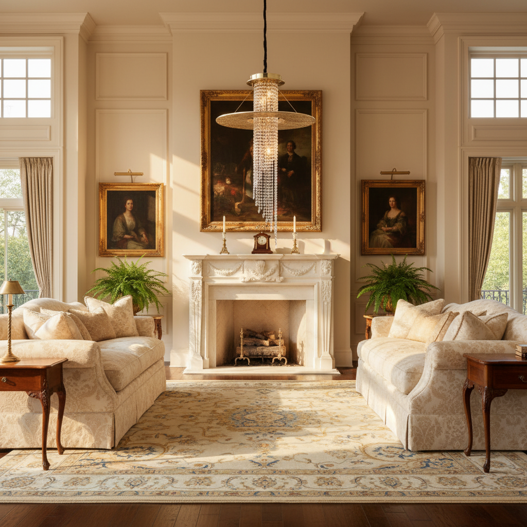 Riviko Radiant Aura Brass Crystal Flushmount Chandelier - American formal living room with 12-foot ceilings
