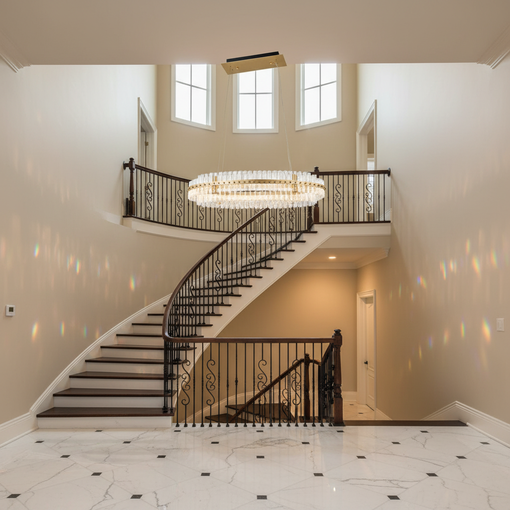 Riviko LG Aquinox 2-Tier Oval Crystal Ring LED Chandelier - dramatic American stairwell with soaring ceiling