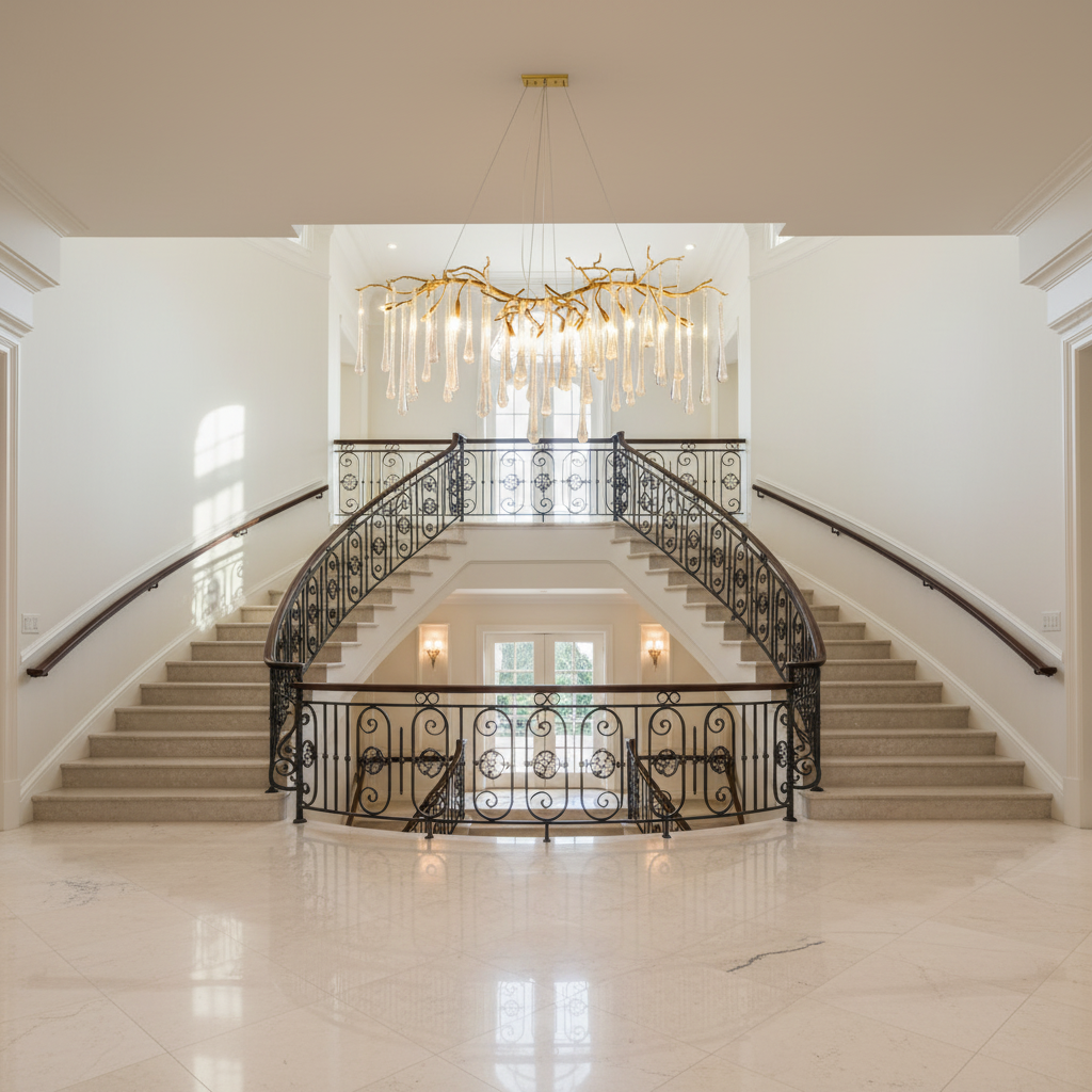 Riviko Veridian Cascade Branch Chandelier - dramatic American stairwell with soaring ceiling