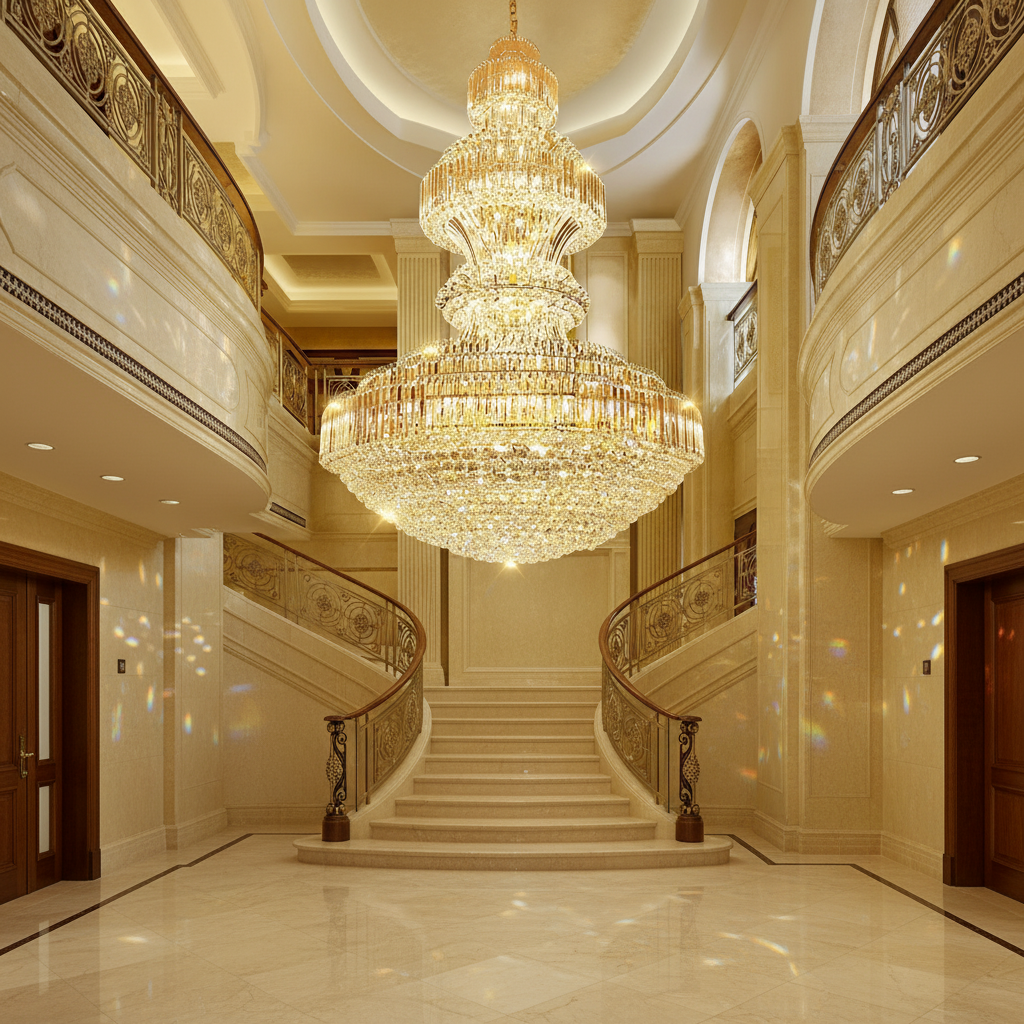 Riviko Radiant Grandeur Round Crystal Chandelier - dramatic American stairwell with soaring ceiling