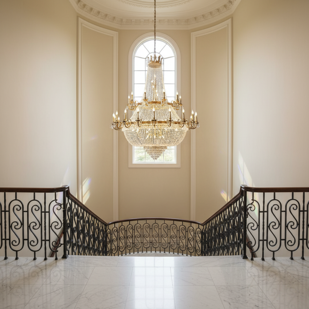 Riviko Grand Lumière Double-Layer Crystal Chandelier - dramatic American stairwell with soaring ceiling