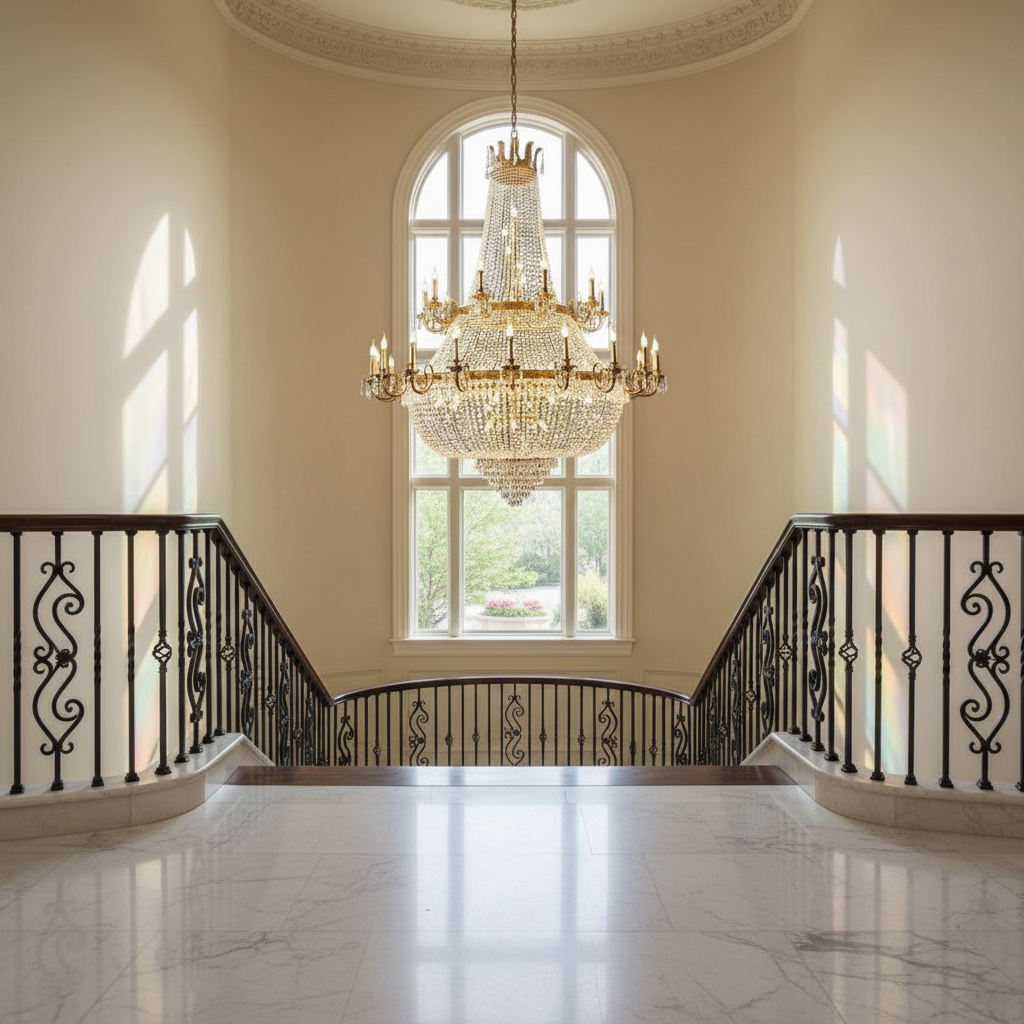 Riviko Grand Lumière Double-Layer Crystal Chandelier - dramatic American stairwell with soaring ceiling