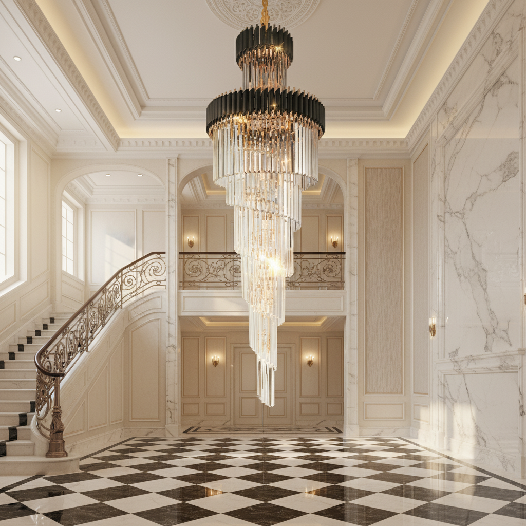 Riviko Grand Spiral Crystal Chandelier - grand American estate foyer