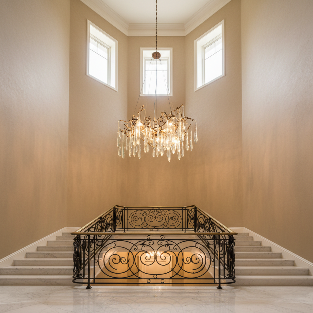 Riviko Radiant Bloom Crystal Branch Chandelier - dramatic American stairwell with soaring ceiling