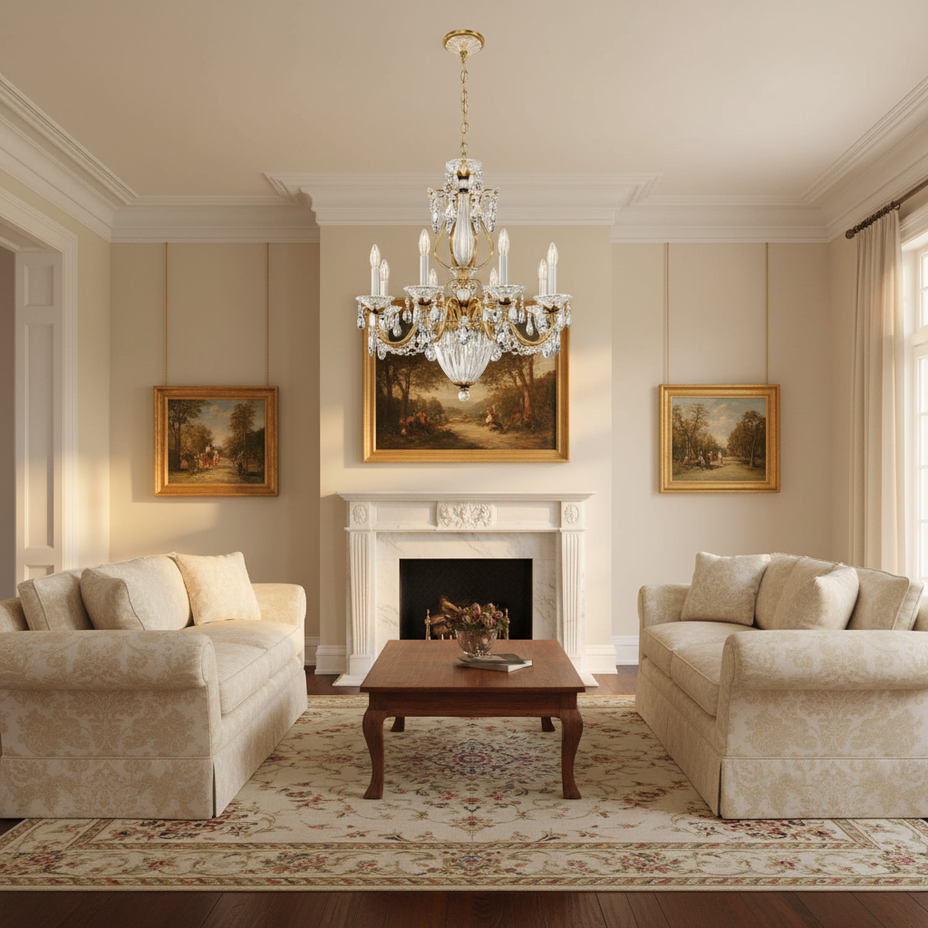 Riviko Heritage Bloom 11-Light Chandelier - American formal living room with 12-foot ceilings