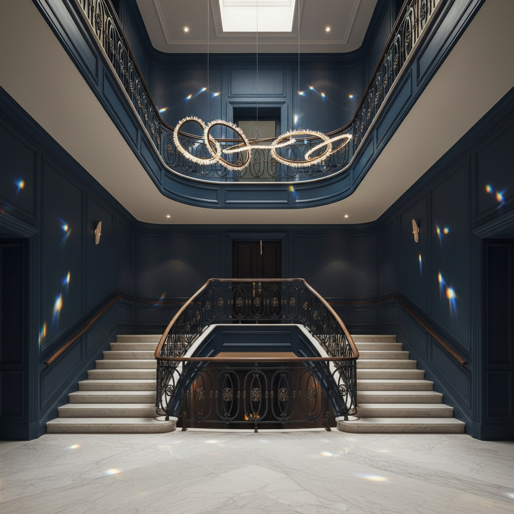 Riviko Kevyn Irregular Rock Crystal Linear Chandelier - dramatic American stairwell with soaring ceiling