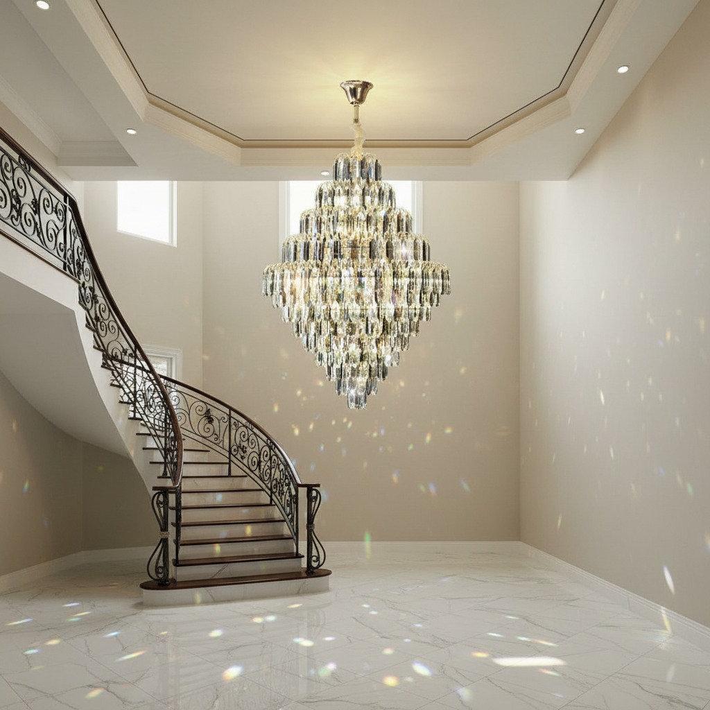 Riviko Grand Radiance K9 Crystal Chandelier - dramatic American stairwell with soaring ceiling
