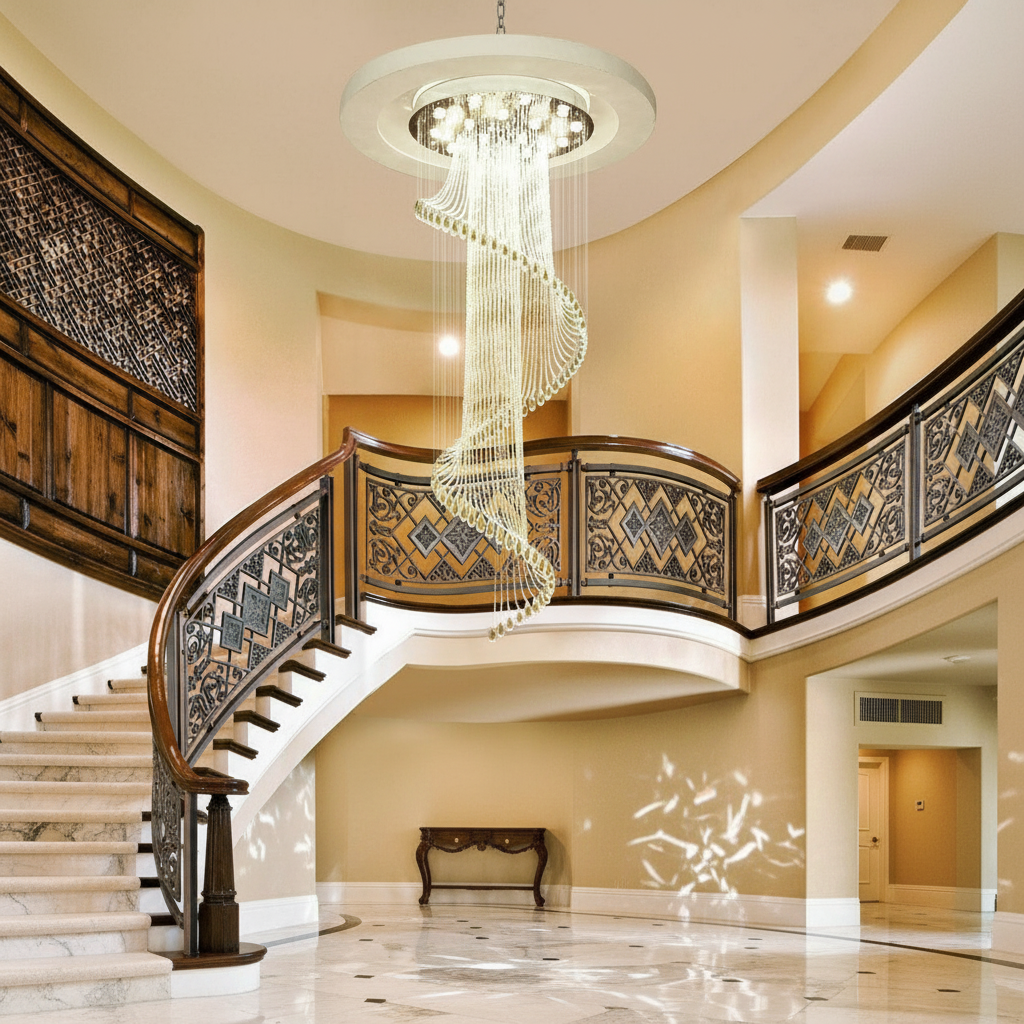 Riviko Radiant Cascade Round LED Chandelier - dramatic American stairwell with soaring ceiling