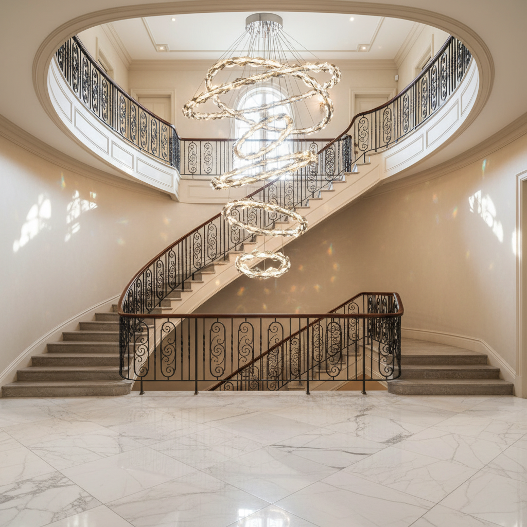 Riviko Grand Tiered Rings Crystal Chandelier - dramatic American stairwell with soaring ceiling