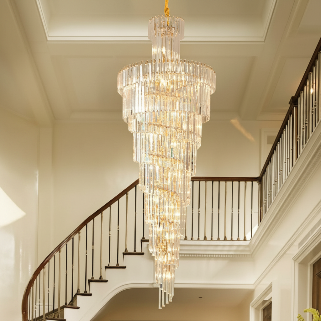 Riviko Grand Spiral Tiered Crystal Chandelier - grand American estate foyer