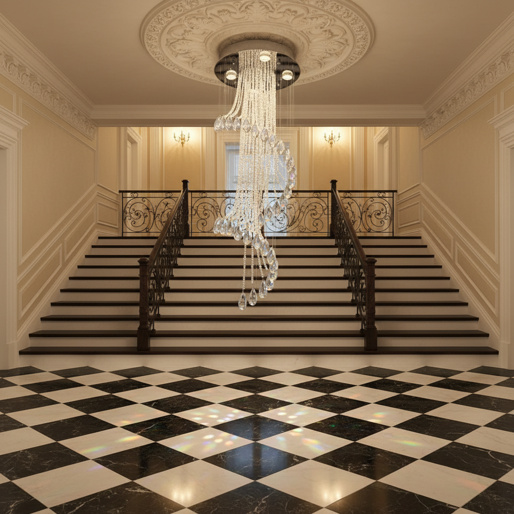 Riviko Flush Mounted Spiral Crystal Drops Chandelier Round LED Ceiling Lighting Fixture For Foyer Staircase/ Hotel Entrance - Scene