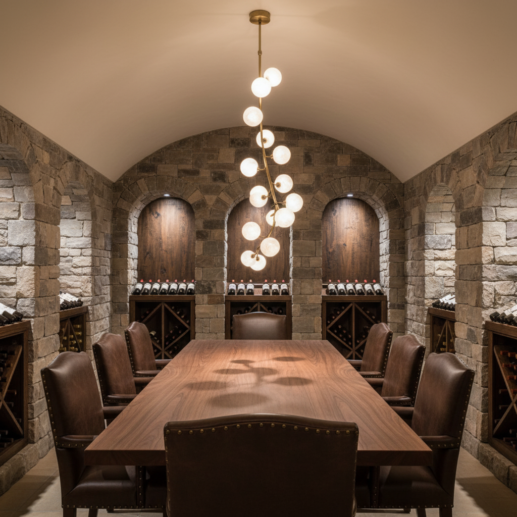 Riviko Veridian Branch Linear Chandelier - elegant American wine cellar dining room