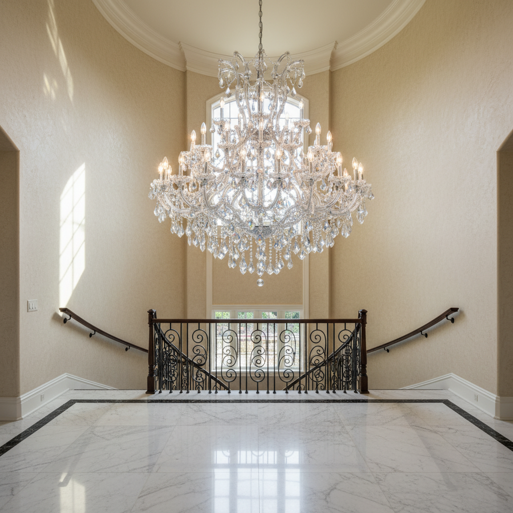 Riviko Grand Lumière Chrome Crystal Candle Chandelier - dramatic American stairwell with soaring ceiling