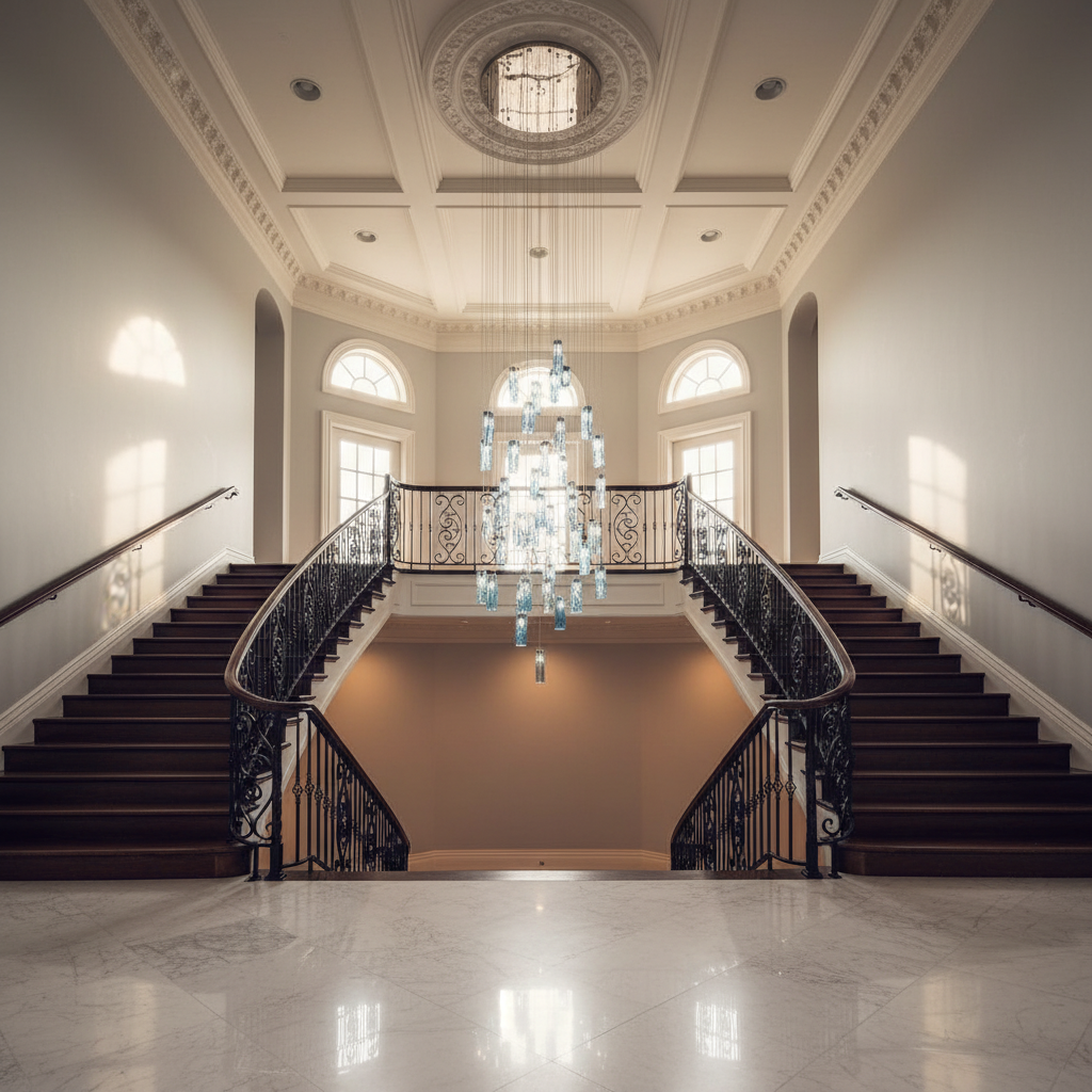 Riviko Prismatic Bloom Rectangle Glass Tile Chandelier - dramatic American stairwell with soaring ceiling
