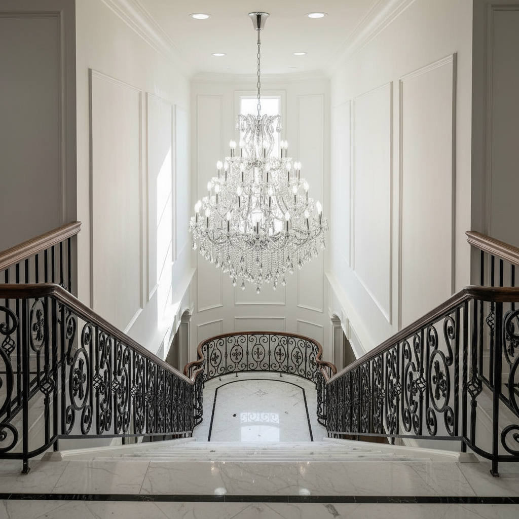Riviko Grand Lumière Chrome Crystal Candle Chandelier - dramatic American stairwell with soaring ceiling