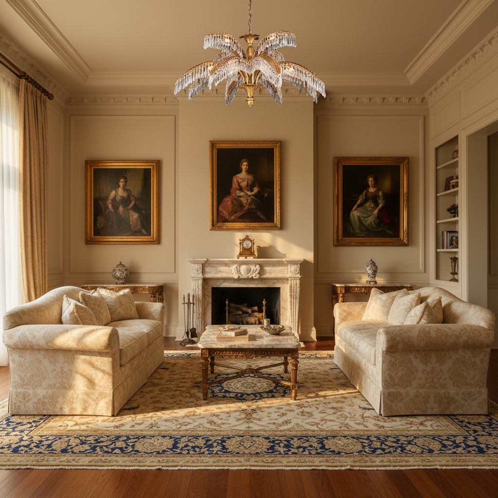 Riviko Veridian Palm Crystal Chandelier - American formal living room with 12-foot ceilings
