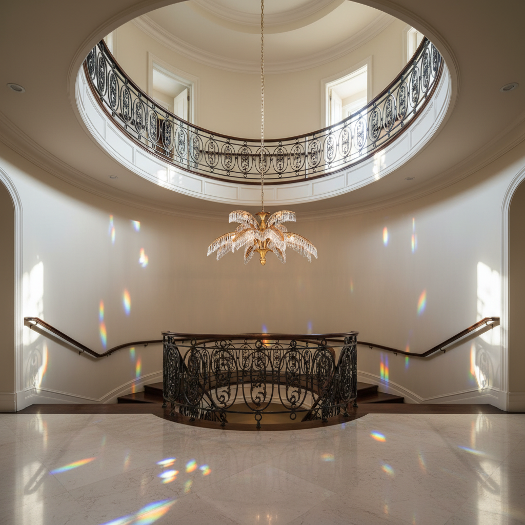 Riviko Veridian Palm Crystal Chandelier - dramatic American stairwell with soaring ceiling