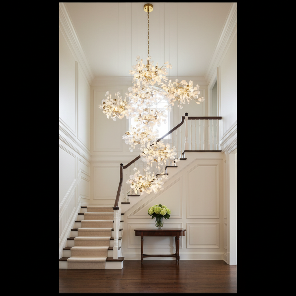 Riviko Verdant Canopy Cascading Chandelier - elegant American entryway with arched doorway