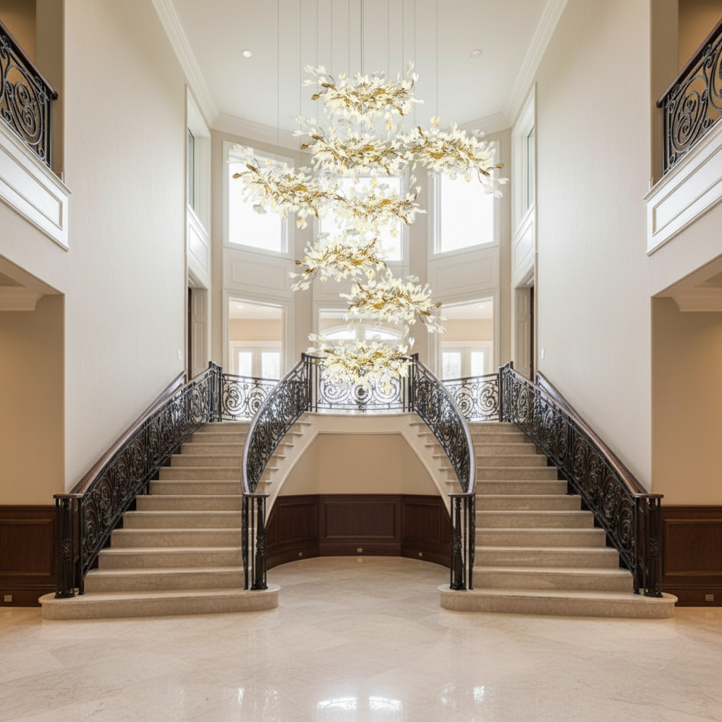 Riviko Verdant Canopy Cascading Chandelier - dramatic American stairwell with soaring ceiling