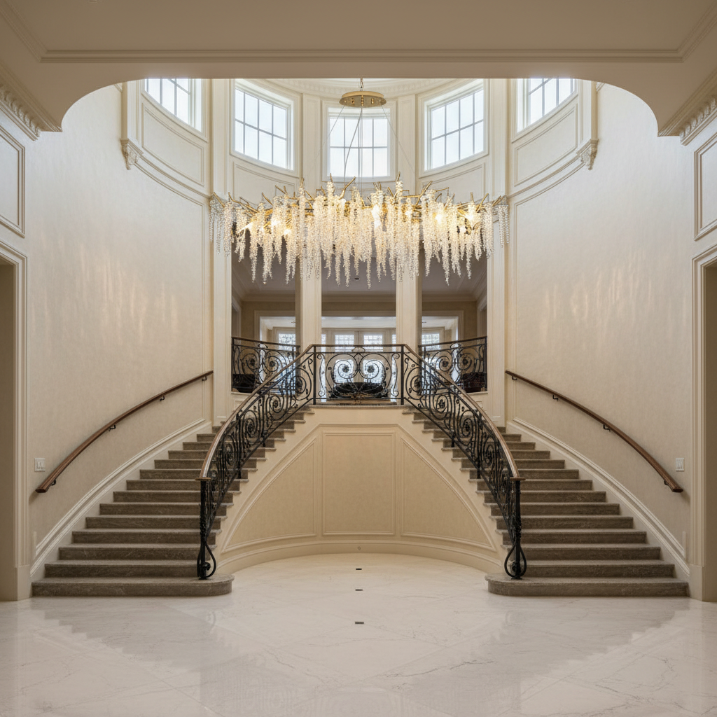Riviko Branching Crystal Icicle Chandelier - dramatic American stairwell with soaring ceiling