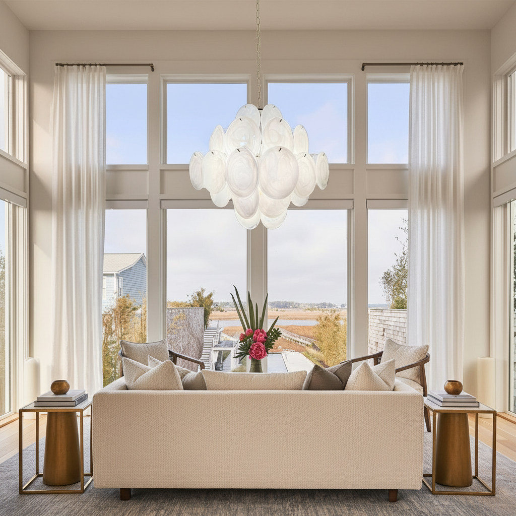 Riviko Luminous Orb White Disc Chandelier - sophisticated American living room