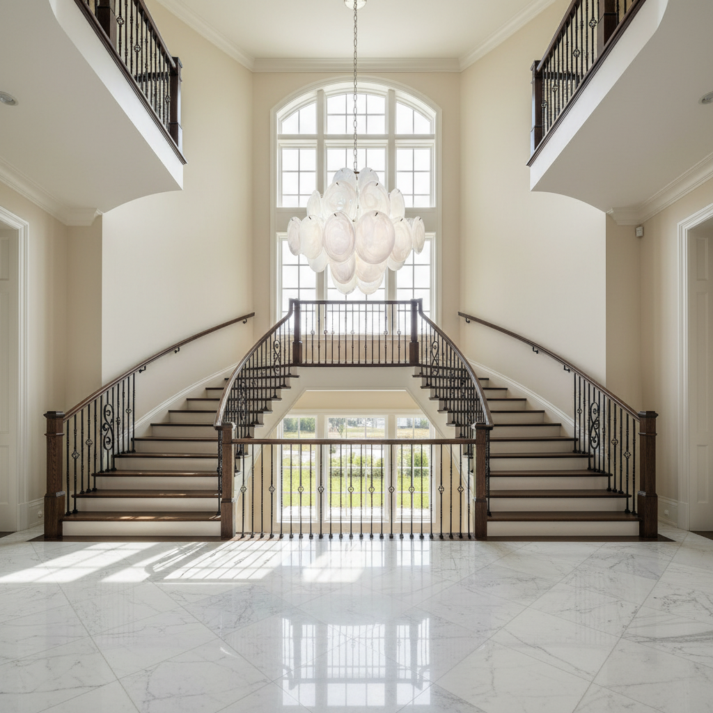Riviko Luminous Orb White Disc Chandelier - dramatic American stairwell with soaring ceiling