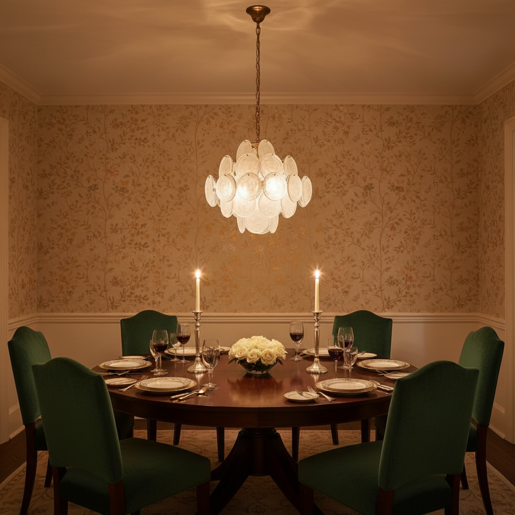Riviko Murano Chandelier 36 White Disks - formal American dining room