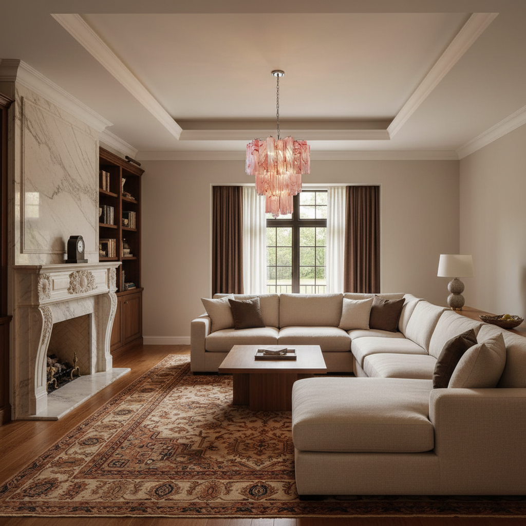 Riviko Venetian Alabaster Bloom Chandelier - luxurious American living room with tray ceiling