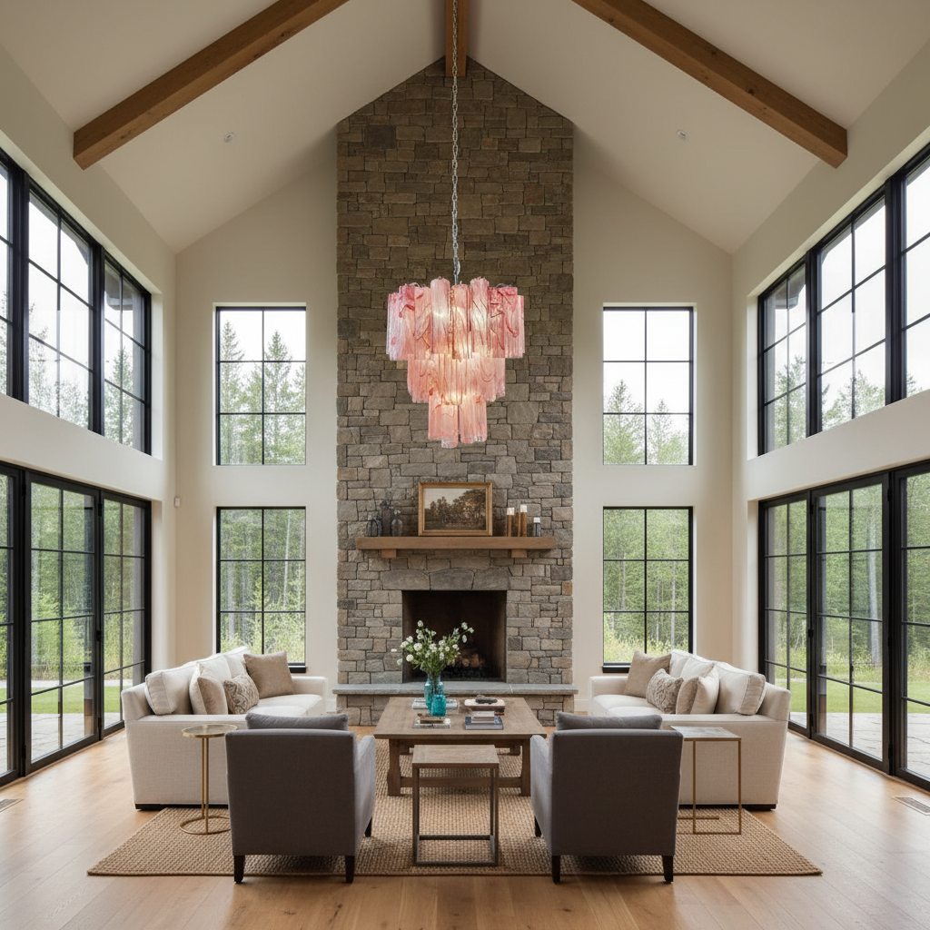 Riviko Venetian Alabaster Bloom Chandelier - American transitional great room with cathedral ceiling