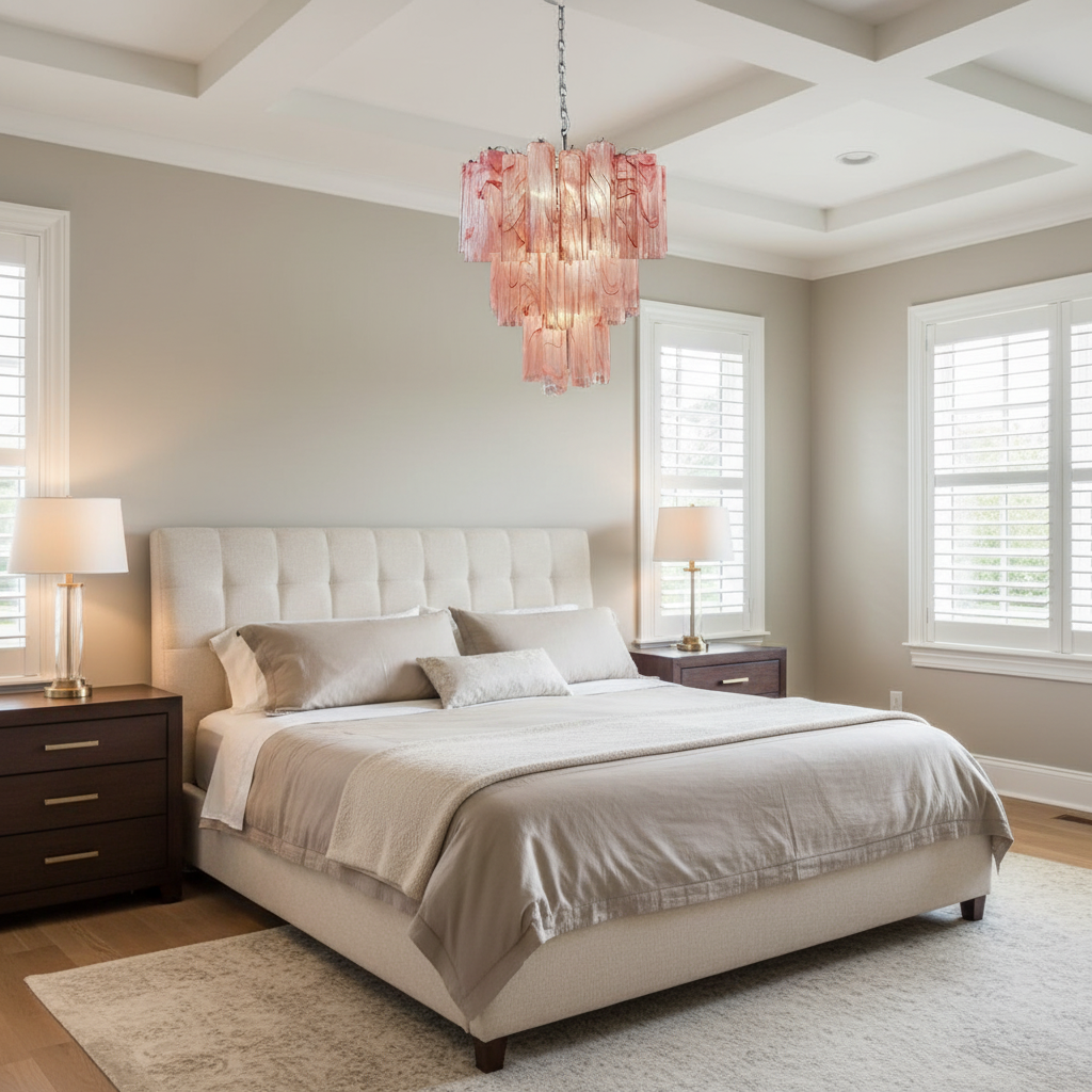 Riviko Venetian Alabaster Bloom Chandelier - American master bedroom with coffered ceiling