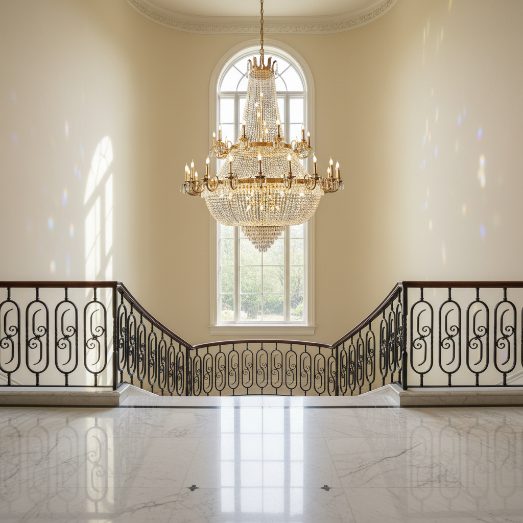 Riviko Grand Parisian Double-Layer Crystal Chandelier - dramatic American stairwell with soaring ceiling