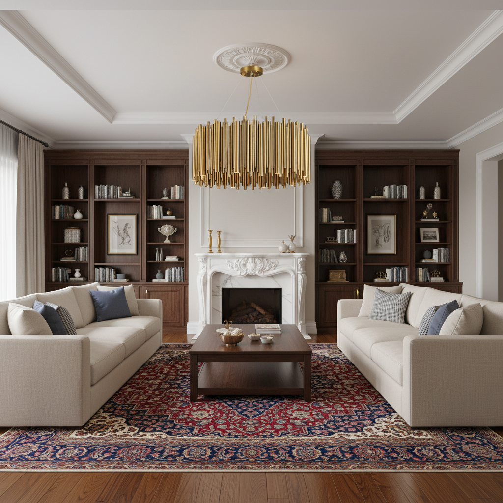 Riviko Aura Stainless Steel Chandelier - luxurious American living room with tray ceiling