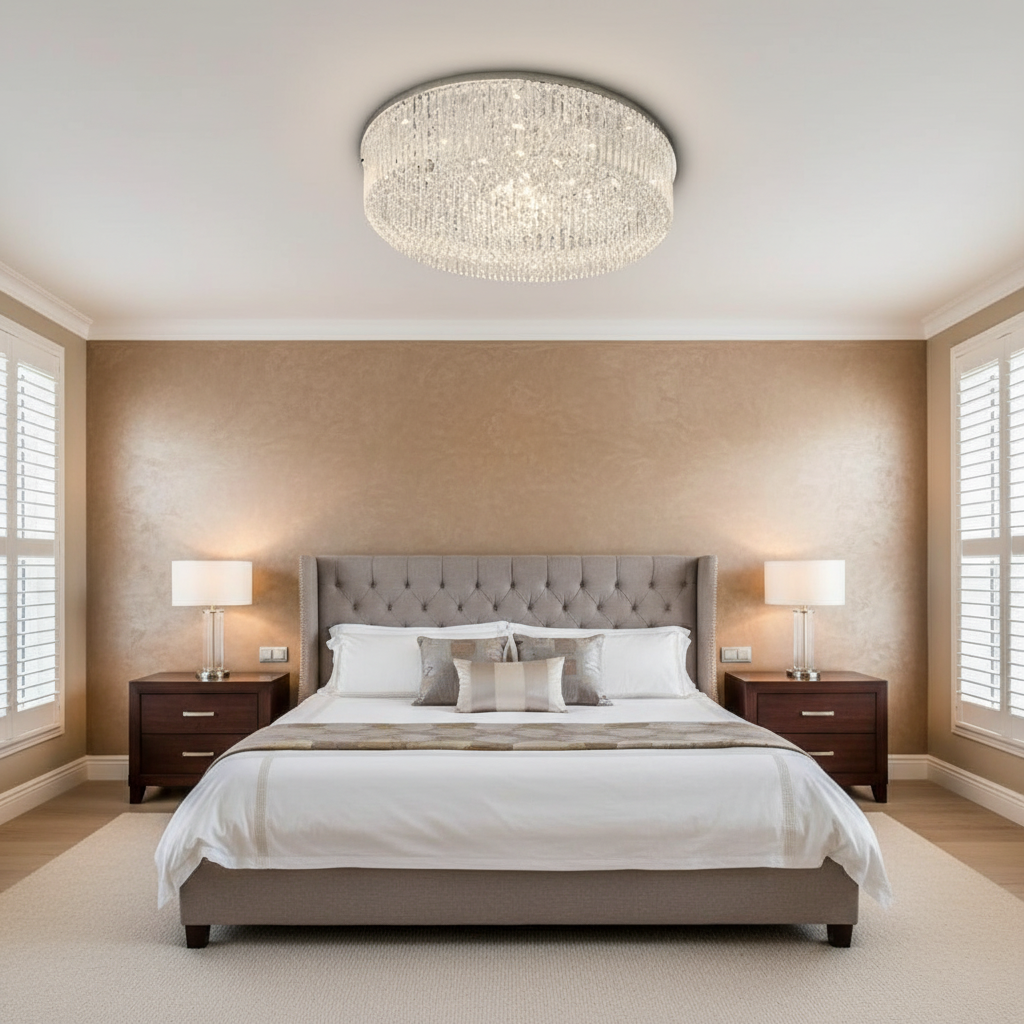 Riviko Radiant Cascade Round/Oval Flush Mount Chandelier - American master bedroom with standard ceiling