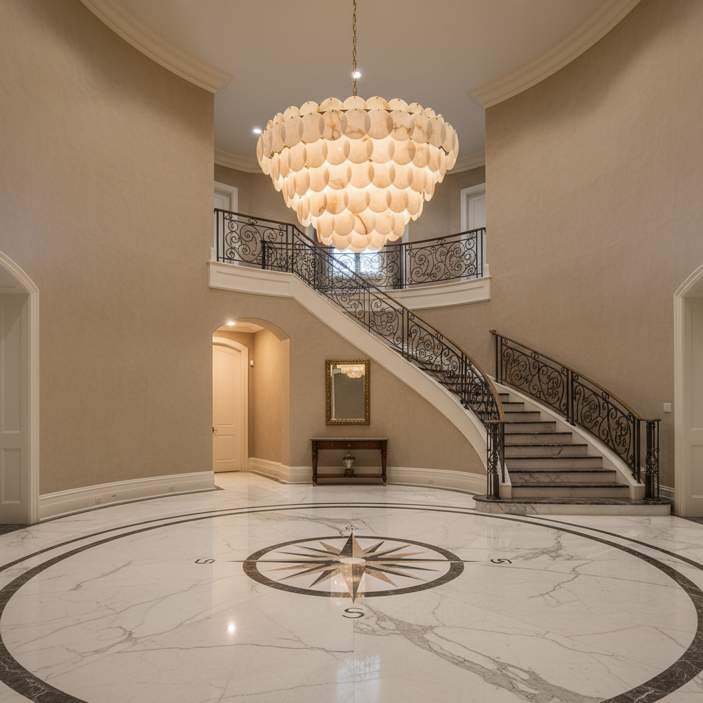 Riviko Alabaster Radiance Round Chandelier - grand American foyer with two-story ceiling