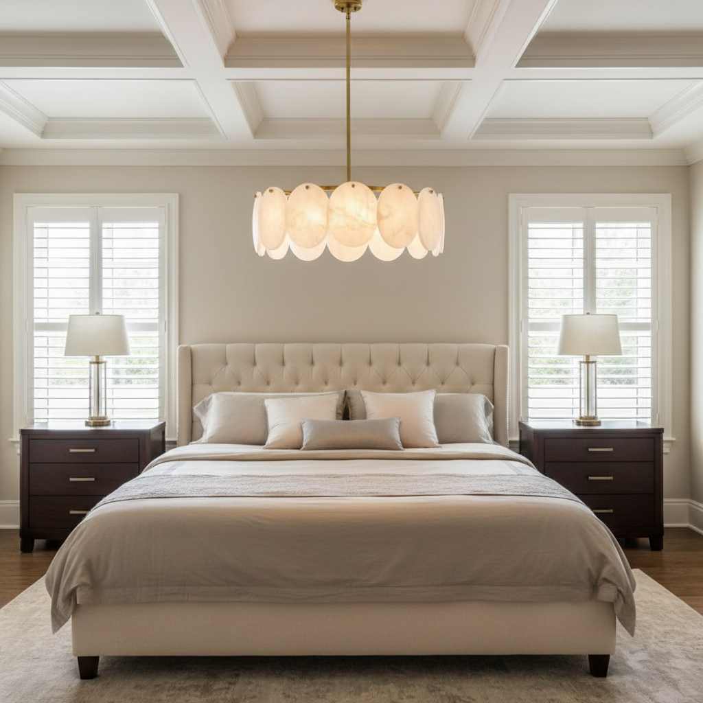 Riviko Noah Multi-Layer Natural Alabaster Round Modern Chandelier 35''/43'' - American master bedroom with coffered ceiling