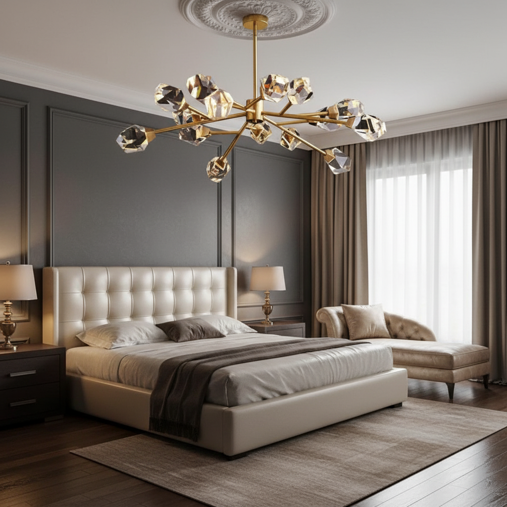 Riviko Radiant Prism Brass Chandelier - luxurious American master suite