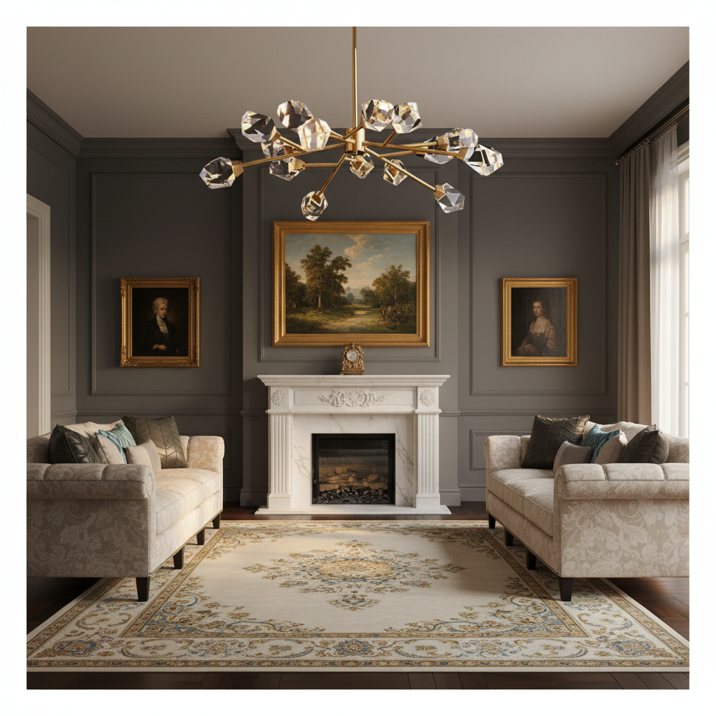 Riviko Radiant Prism Brass Chandelier - American formal living room with 12-foot ceilings